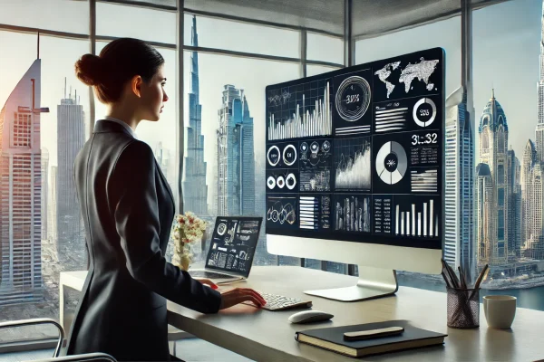 DALL·E 2024-06-29 11.55.17 - A modern office in Dubai with the iconic skyline visible through large windows. A professional woman in a business suit is looking at a computer displ